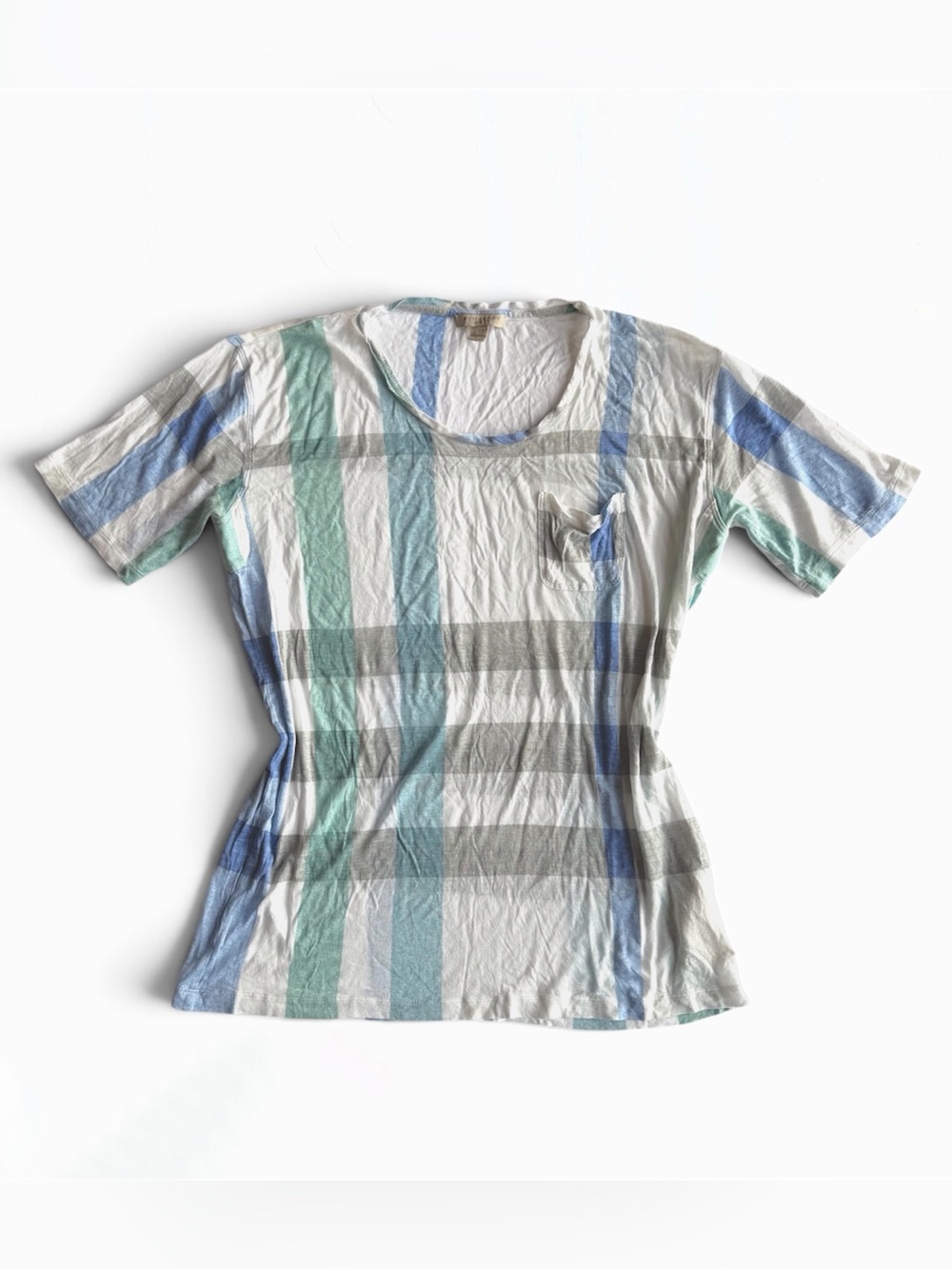 Burberry Brit Blue and Green Plaid Print Scoop Neck T-Shirt Small